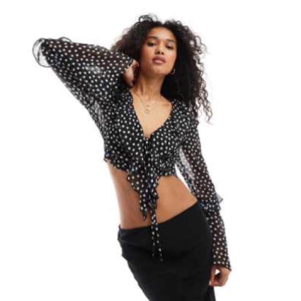 Miss Selfridge Cropped Chiffon Black and White Polka Dot Blouse size 12